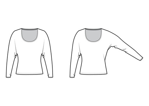 Set of Tops with long dolman sleeves technical fashion illustration with relax fit, under waist length, round neck. Flat apparel blouse template front white color. Women men unisex shirt CAD mockup