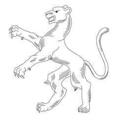 Heraldry. Hand drawn rising panther vector image. Black and white stock illustration for coloring books and pages.