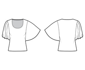 Fototapeta premium Top with elbow circle sleeves technical fashion illustration with relax fit, under waist length, round neckline. Flat apparel blouse template front, back white color. Women men unisex shirt CAD mockup