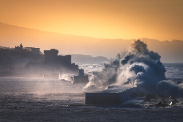 Sea storm hitting the basque coast at the break water of Donibane Lohizune (Saint Jean de Luz);...