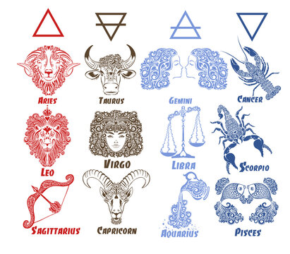 A set of zodiac signs. T-shirt print. Symbol for tattoo. Elements of water, earth, fire and air. Vector illustration