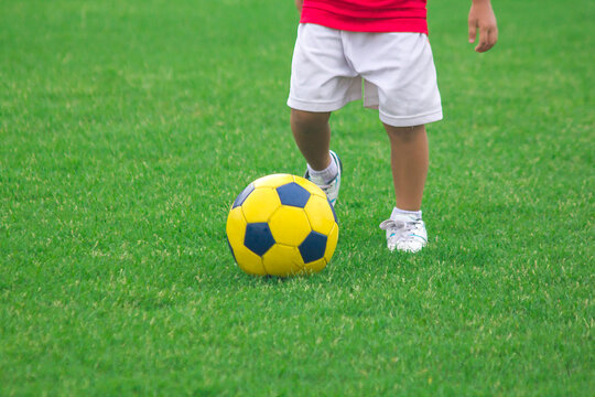 Low Section Of Boy Playing Soccer On Field