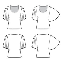 Set of Top with elbow circle sleeves technical fashion illustration with relax fit, under waist length, round neckline. Flat blouse template front, back white color. Women men unisex shirt CAD mockup