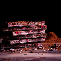 Organic food snack tasty sweet dessert milk dark chocolate bar macro closeup broken slide piece and fruit orange raspberry hazelnut nuts on cocoa cacao powder wooden table for new year Christmas gift