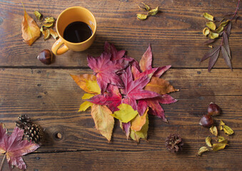 Autumn still life with yellow and red leaves and cup of hot coffee