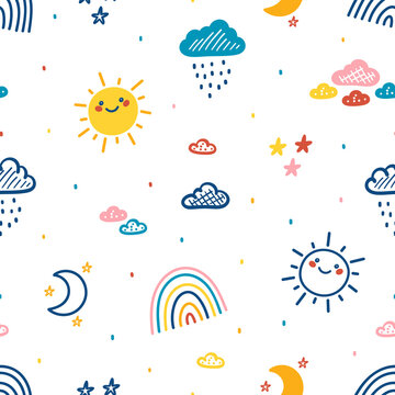 Colorful Baby Pattern with Rainbow, Sun, Rain Clouds, Moon and Stars. Sky Background. Vector Seamless Pattern with Weather Elements. Bright Wallpaper for Kids Fashion, Nursery, Baby Shower design