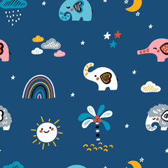 Cute Elephants Vector Seamless Pattern. Weather Elements, Baby Elephants and Little Mammoth. Doodle Cartoon Animals. Colorful Background for Kids. Children's wallpaper
