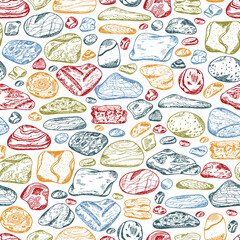 Sea stones seamless pattern. Hand drawn doodle sea pebbles - vector illustration. Colorful stones background