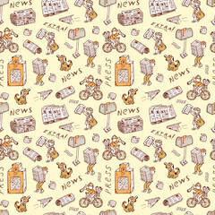 Press. Newspapers. Vector Seamless pattern: stacks and rolls of newspapers, postman, paperboys, newspaper vending machine, mailbox - Hand Drawn Doodles illustration