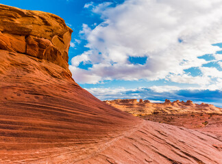 Swirling Patterns on Slick Rock at The New Wave, Glen Canyon National Recreation Area, Arizona, USA