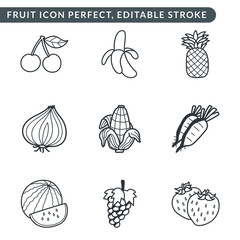 Fruit Related Vector Line Icon Set. Contains Icons like cherry, banana, pineapple, grape, strawberry and many more. Editable Stroke.