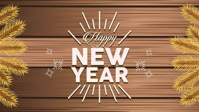 happy new year lettering card with golden leafs frame