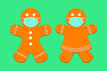 Cute gingerbread man and woman couple wearing surgical face masks during the coronavirus pandemic
