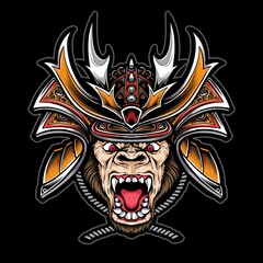 gorilla wearing samurai helmet vector
