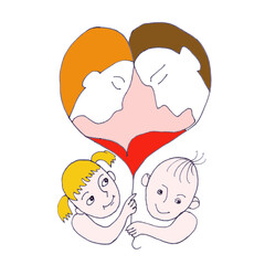 Family with two children, family love, graphic color drawing on a white background