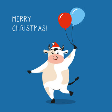 Greeting Christmas card, bull and air balloon. New Year symbol cartoon cow, buffalo or calf. Merry Christmas and happy New Year. Hand drawn animal character holidays vector