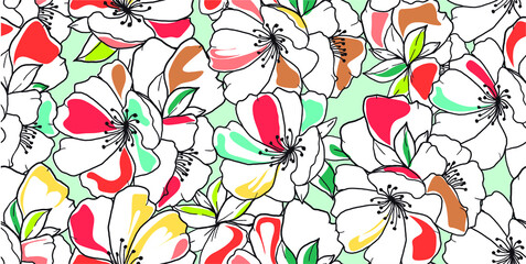 Fototapeta na wymiar Beautiful floral pattern in flat design and intense colors with green background