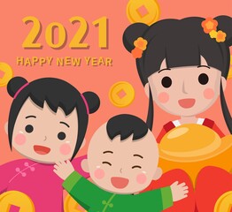 Obraz na płótnie Canvas Chinese New Year greeting card with cute girl child and baby boy and beauty, 2021, celebratory card, cartoon comic vector illustration