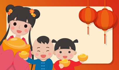 Chinese New Year festive greeting card design, cute woman and children, Chinese New Year elements, lanterns and gold ingots