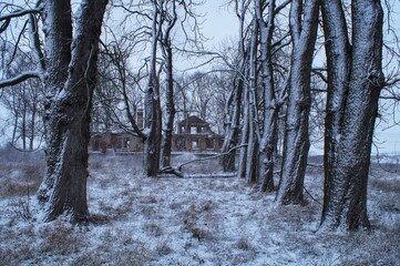 Winter dusk over an abandoned mansion.