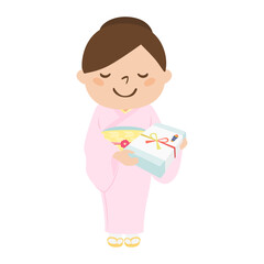 着物を着た女性のイラスト。熨斗に包まれた贈り物を持っているおしとやかな女性。