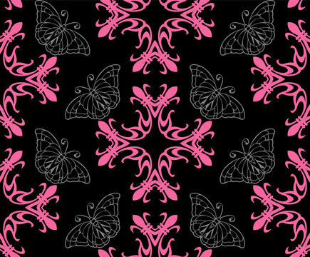 Seamless pattern with pink elements and gray butterflies on a black background, wallpaper seamless texture. Vector image