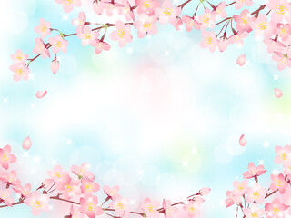 満開の桜と青空の背景素材、ベクターイラストフレーム / 横位置