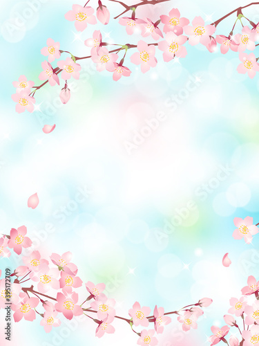 満開の桜と青空の背景素材 ベクターイラストフレーム 縦位置 Wall Mural Ricorico