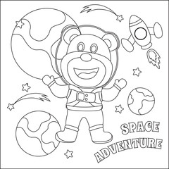 Space bear or astronaut in a space suit with cartoon style. Creative vector Childish design for kids activity colouring book or page.