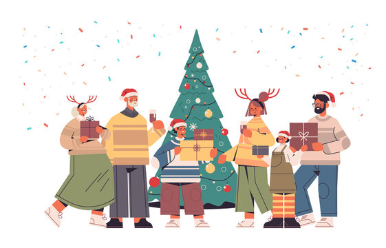 multi generation family in santa claus hats holding wrapped gift boxes happy new year and merry christmas holidays celebration concept horizontal full length vector illustration