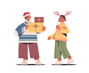 couple in santa claus hats having fun with presents gift boxes happy new year and merry christmas holidays celebration concept horizontal full length vector illustration
