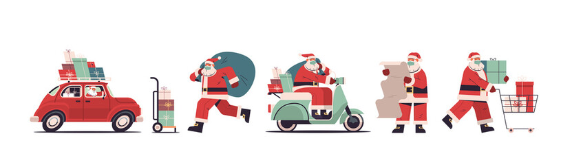 set santa claus delivering gifts merry christmas happy new year holidays celebration concept horizontal full length vector illustration