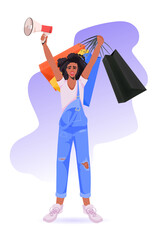 african american woman holding loudspeaker and shopping bags black friday big sale promotion discount concept full length vertical vector illustration