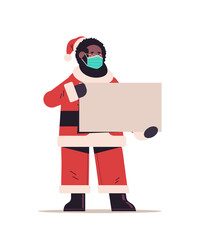 african american santa claus in mask holding blank poster with place for text happy new year merry christmas holiday celebration concept full length vertical vector illustration