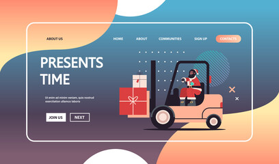 african american santa claus driving forklift truck loading colorful gifts merry christmas happy new year express delivery concept horizontal copy space vector illustration © mast3r