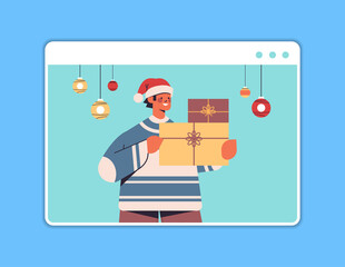 man in santa hat holding gift box guy having fun happy new year and merry christmas holidays celebration concept web browser window horizontal portrait vector illustration