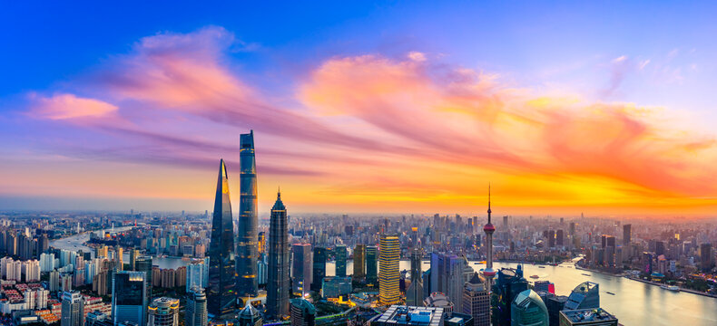 Aerial view of Shanghai skyline and cityscape at sunset,China. © ABCDstock