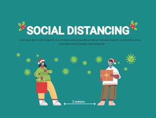 african american man woman in masks keeping social distance to prevent coronavirus pandemic new year christmas holidays celebration concept full length horizontal copy space vector illustration