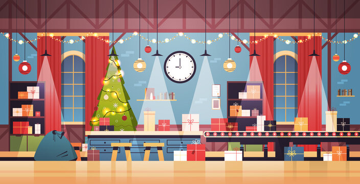 empty no people santa claus christmas factory with gifts on machinery line happy new year winter holidays celebration concept horizontal vector illustration