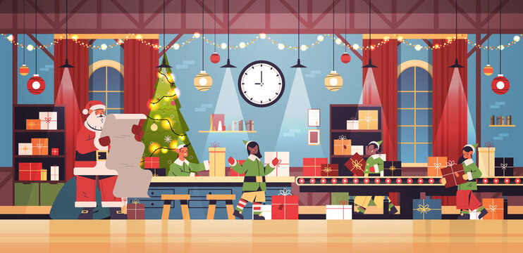 santa claus with elves putting gifts on machinery line conveyor happy new year christmas holidays celebration concept modern workshop interior horizontal vector illustration