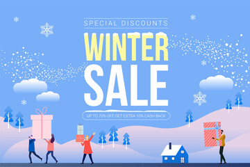 Winter sale banner. social network banner. banner design with white snowflakes. Customers celebrating sale Vector.