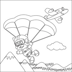 Vector cartoon illustration of skydiving with litlle cat, plane and clouds,  with cartoon style Childish design for kids activity colouring book or page.