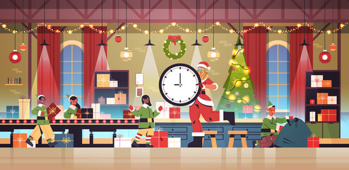 santa woman holding clock mix race elves putting gifts on conveyor new year christmas holidays celebration concept workshop interior horizontal full length vector illustration