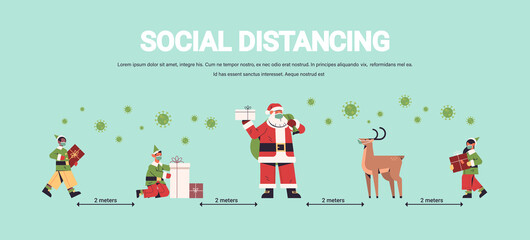 santa claus with mix race elves in masks keeping social distance to prevent coronavirus new year christmas holidays celebration concept full length horizontal copy space vector illustration