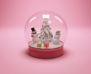 3d rendering Xmas snow ball with fantasy cartoon snow family and fir inside