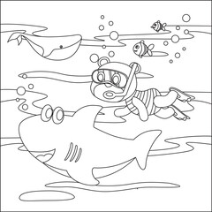 Vector cartoon illustration of little bear and shark, with cartoon style Childish design for kids activity colouring book or page.