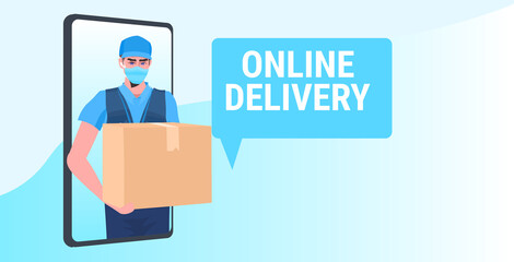 man courier in mask holding cardboard box black friday sale express delivery online service concept portrait horizontal vector illustration