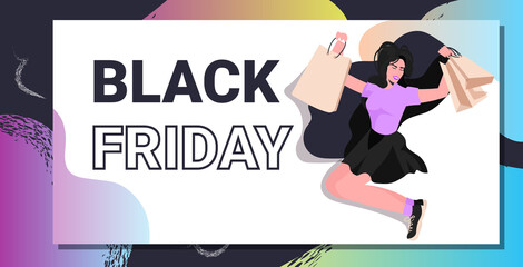 woman having fun with shopping bags black friday big sale promotion discount concept full length horizontal vector illustration
