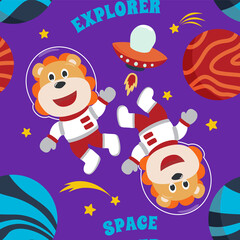 Obraz na płótnie Canvas Vector seamless pattern with cute little lion astronaut, rocket and stars Creative vector childish background for fabric, textile, nursery wallpaper, poster, brochure. Vector illustration background.