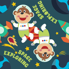 Obraz na płótnie Canvas Vector seamless pattern with cute little monkey astronaut, rocket and stars Creative vector childish background for fabric, textile, nursery wallpaper, poster, brochure Vector illustration background